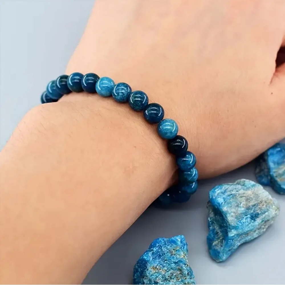 Blue Apatite Beaded Bracelet Natural Gemstone Healing Crystal Jewelry Gift